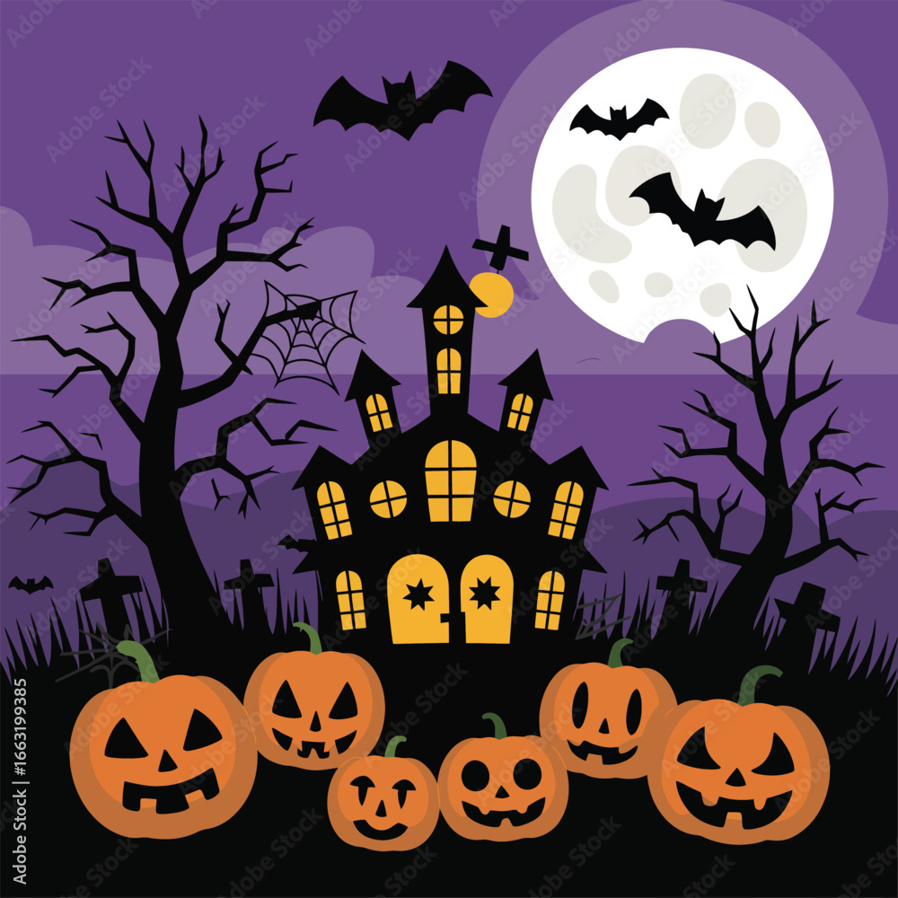 Fototapeta premium Haunted house with pumpkins and bats under a full moon at night halloween spooky