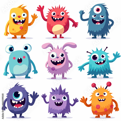 Cute monsters set. Red, yellow, blue and green mutants with horns. Imagination and fantasy, fairy tale. 
