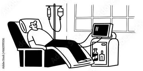 Man receiving intravenous therapy while sitting in a chair next to a medical machine near window on transparent background