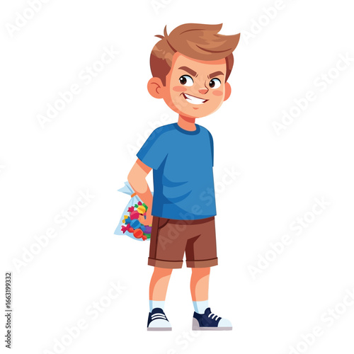  Mischievous Boy and His Hidden Surprise: A playful boy in a blue shirt conceals a bag of colorful candies behind his back, a sly smile playing on his lips, hinting at a delightful secret.