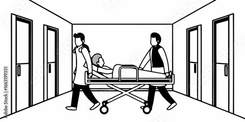 Two medical staff pushing patient on gurney down a hospital hallway with several closed doors seen nearby on transparent background