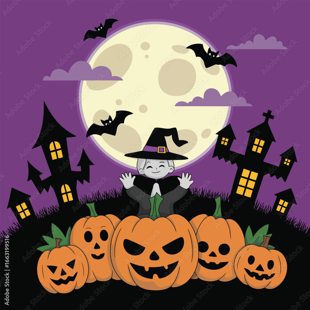 Fototapeta premium Halloween scene with ghost, pumpkins, bats, and haunted houses under moon jack o lantern