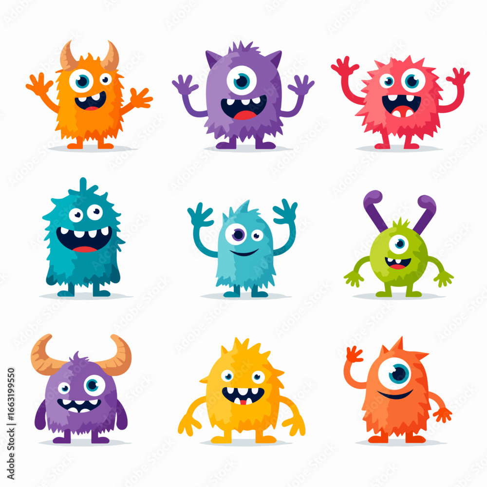 Fototapeta premium Funny cartoon animal characters set with cute monster style faces