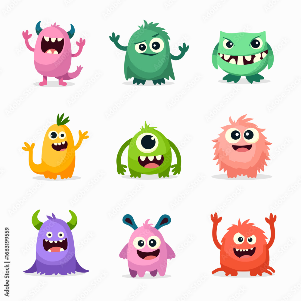 Obraz premium Monster icon set line. Happy Halloween. Cute cartoon kawaii colorful scary funny character. Eyes, tongue, hands up. Baby collection. Sticker print. Childish style. Flat design. White background Vector