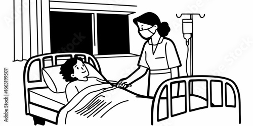 Nurse taking patient temperature in hospital bed with iv drip and window in the background scene art on transparent background