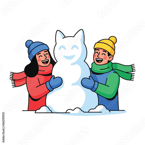 Joyful Winter Craft: Two happy children building a snowman together, their faces lit with pure delight against a backdrop of snow, embodying the heartwarming spirit of the season.