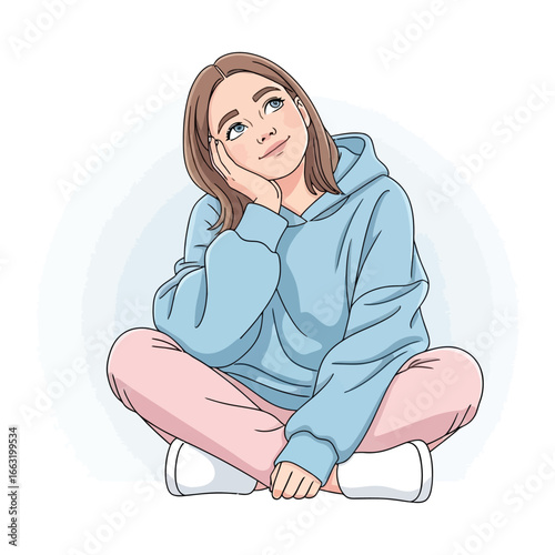 Daydreaming Young Woman: A young woman, radiating serenity, sits cross-legged, immersed in a world of imagination, wearing casual attire.