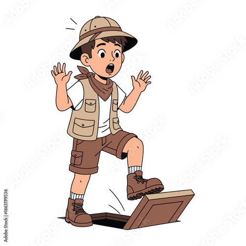 Curious Explorer's Unexpected Adventure: A young explorer's animated anticipation of an unknown discovery, poised over a hidden portal, representing the spirit of curiosity and discovery