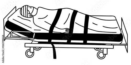 Illustration of a patient secured with straps on a hospital gurney with wheels and a head bandage or wrap on transparent background