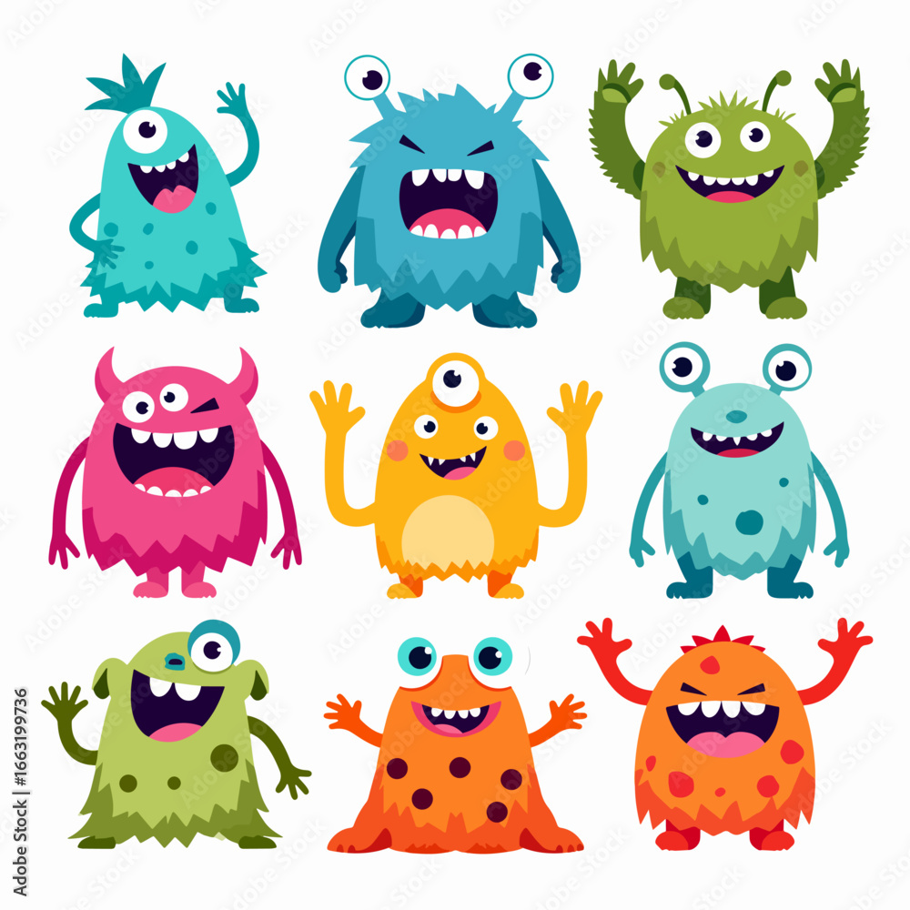 Fototapeta premium Funny cartoon monster collection with cute animals and playful characters