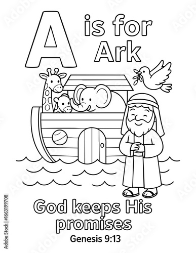 letter a with noah ark animals and dove bible scene for kids concept of christian coloring page vector illustration educational alphabet design for sunday school and scripture learning