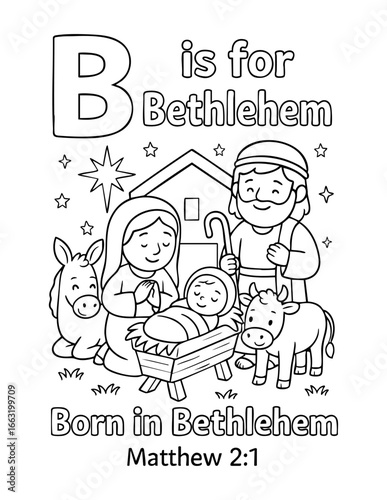 letter b with bethlehem nativity scene mary joseph baby jesus in manger with animals and star concept of christian coloring page vector illustration educational alphabet design for kids