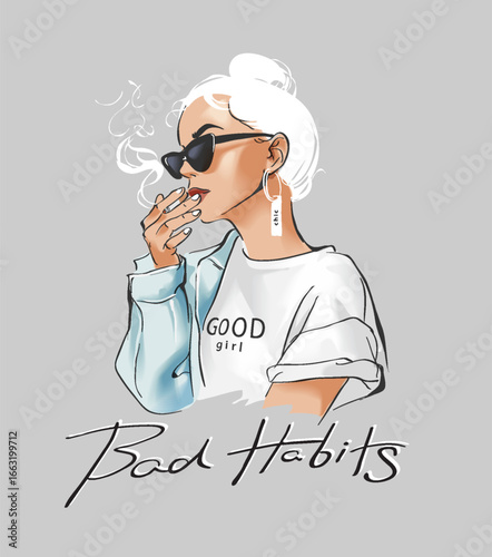 bad habits calligraphy slogan with chic fashion girl hand drawn vector illustration