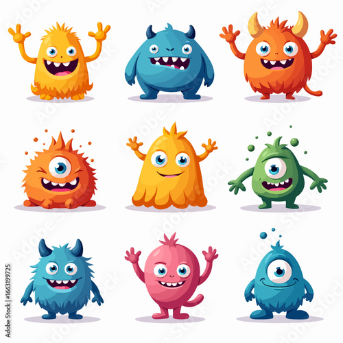 Funny cartoon monster collection with cute animals and playful characters