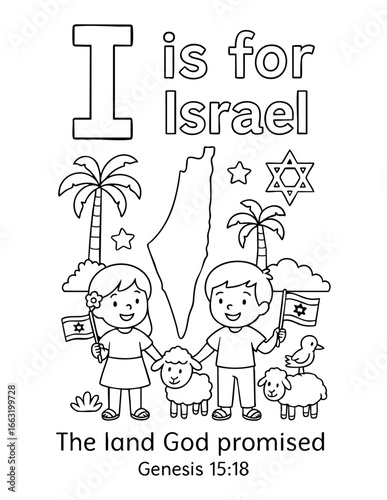 letter i with israel map children sheep palm trees star of david genesis 15 18 the land god promised concept of christian coloring page vector illustration educational alphabet design