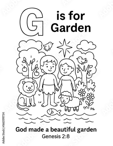 letter g with garden of eden adam and eve animals and trees genesis 2 8 concept of christian coloring page vector illustration educational alphabet design for kids sunday school learning