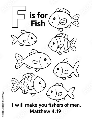 letter f with fish bible verse i will make you fishers of men matthew 4 19 concept of christian coloring page vector illustration educational alphabet design for sunday school learning