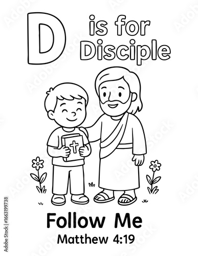 letter d with jesus and disciple holding bible follow me verse matthew 4 19 concept of christian coloring page vector illustration educational alphabet design for sunday school learning