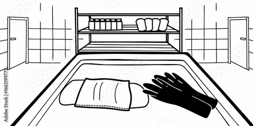 Illustration of a room with shelves, containers, bread, mask and gloves in black and white style on transparent background