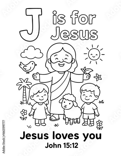 letter j with jesus children lamb bird sun john 15 12 jesus loves you concept of christian coloring page vector illustration educational alphabet design for sunday school and bible learning