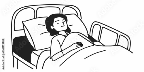 Woman lying in a hospital bed with a pillow and blanket resting peacefully and recovering well being safe on transparent background