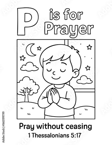 letter p with prayer child 1 thessalonians 5 17 pray without ceasing concept of christian coloring page vector illustration bible alphabet sunday school activity scripture teaching for children