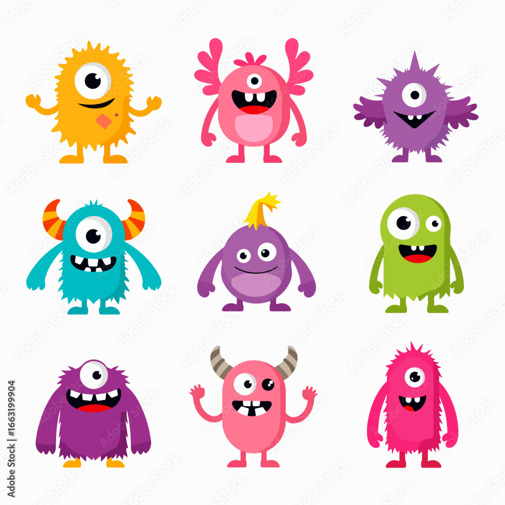 Fototapeta premium Cute cartoon monster characters in a colorful vector set