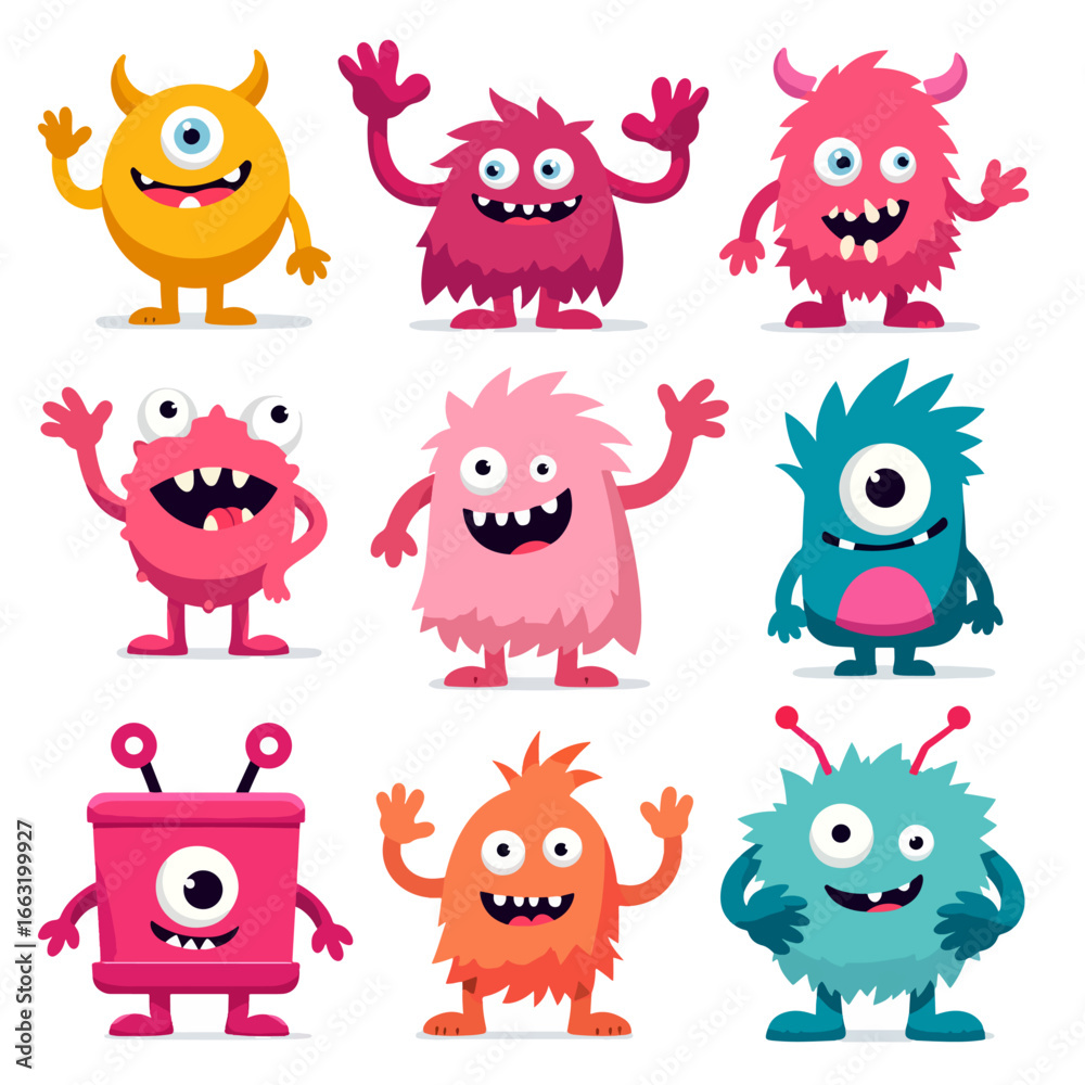 Obraz premium Cute set of funny cartoon animal monsters in a playful vector illustration