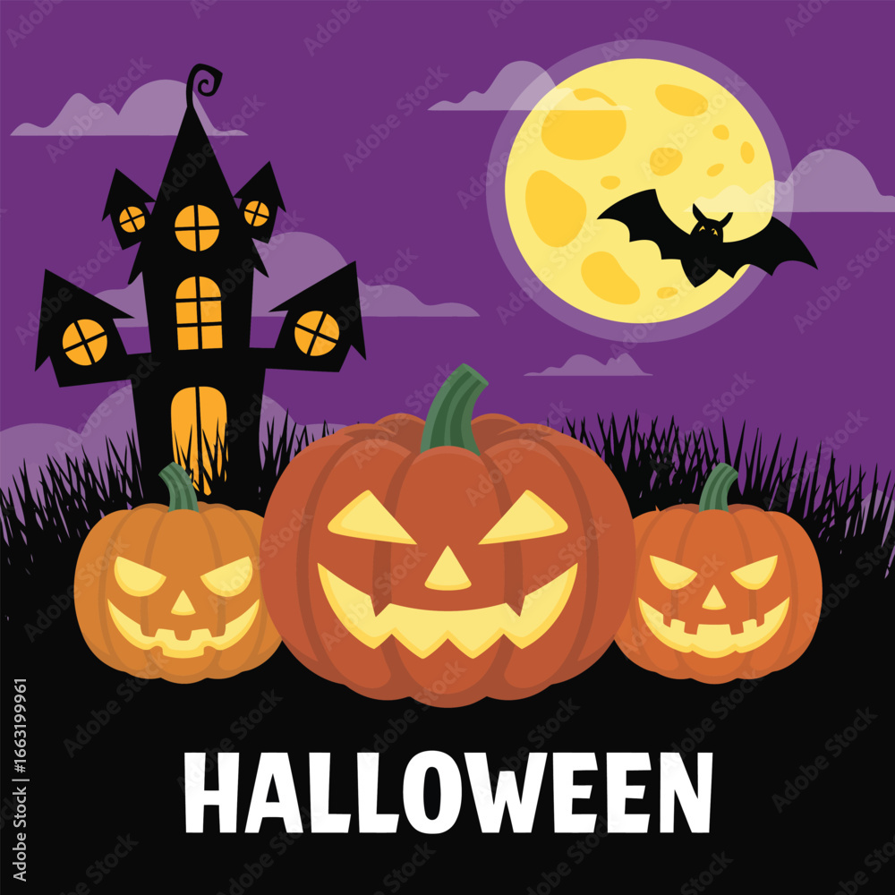 Fototapeta premium Halloween haunted house with pumpkins and bat flying by moon spooky night
