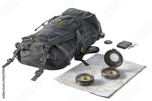 Essential gear for adventurous hiking with backpack and navigation tools for outdoor exploration on transparent background