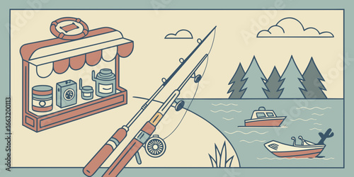Fishing store and equipment, peaceful scene with fishing rod, boat, and mountain