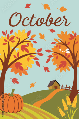 Autumn scene with October banner, pumpkins, trees and a cute house, concept of october month
