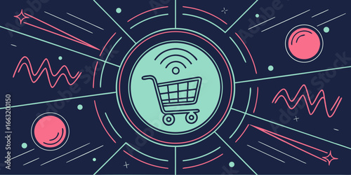 Online shopping concept illustration with a shopping cart icon and wifi symbol 