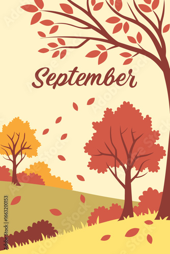 September Autumnal Illustration with trees and falling leaves