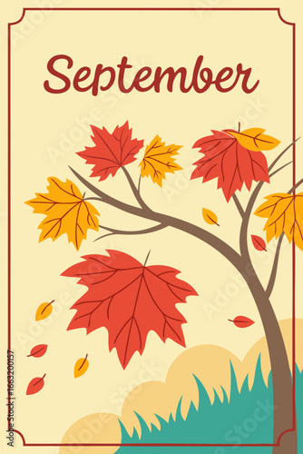 Autumnal September design with falling maple leaves and nature illustration