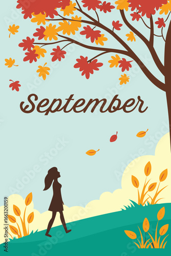 Girl enjoying the month of September with falling leaves