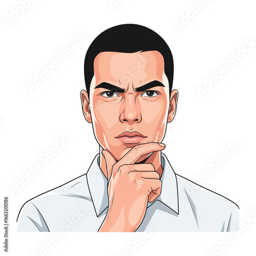 Man in Contemplation: A thought-provoking illustration of a man lost in deep thought. His expression captures contemplation, his hand delicately touching his chin as he grapples with complex ideas.