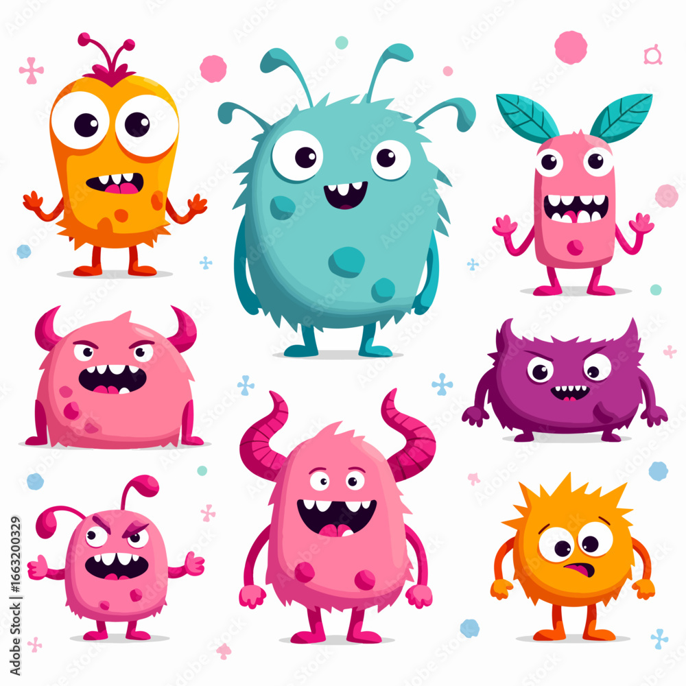 Naklejka premium Cute cartoon colorful monsters set. Mosters with different emotions collection, vector illustration. Vector illustration on dark background