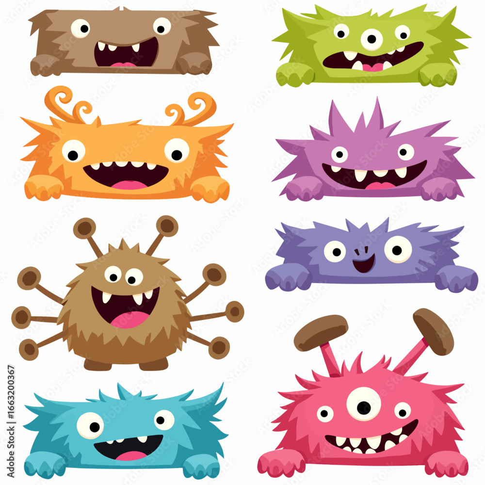 Obraz premium Cute and Kawaii monster kids icon set. Collection of cute cartoon monster in different playful characters. Funny devil, alien, demon and creature flat vector design for comic, education, presentation.