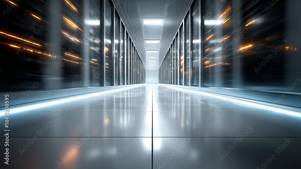 Obraz premium Server room corridor with glowing lights and reflective floor