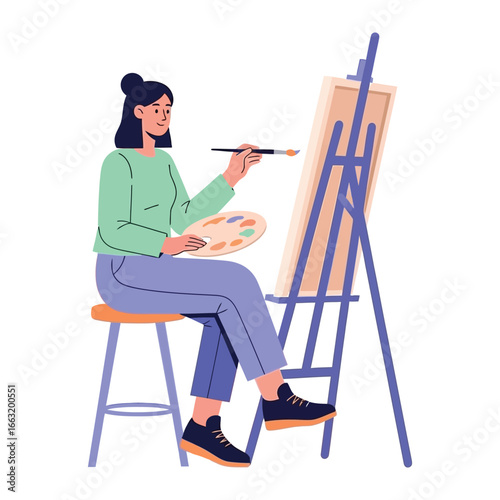 Creative Spirit: A female artist intently paints on canvas, the studio scene is an emblem of art, capturing the essence of passion, skill, and the creative process.