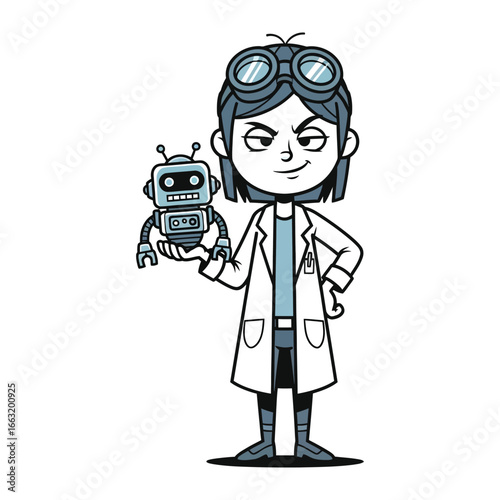 Digital Inventor and creation: A creative illustration, a visionary inventor stands proudly, cradling the miniature robot, showcasing the dawn of technological marvel and innovation. 
