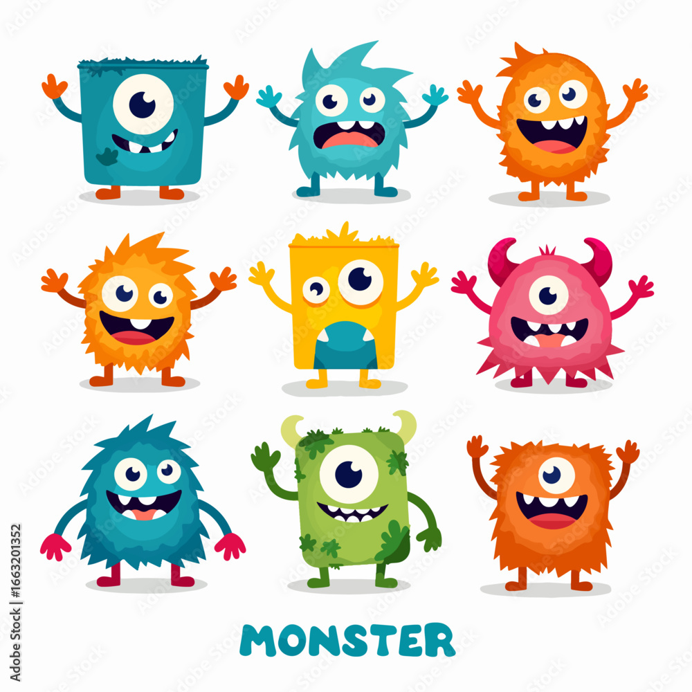 Obraz premium Monster super big icon set. Stickers with scary or funny characters for Halloween. Cute smiling head with sharp teeth, fangs and horns. Cartoon flat vector collection isolated on white background