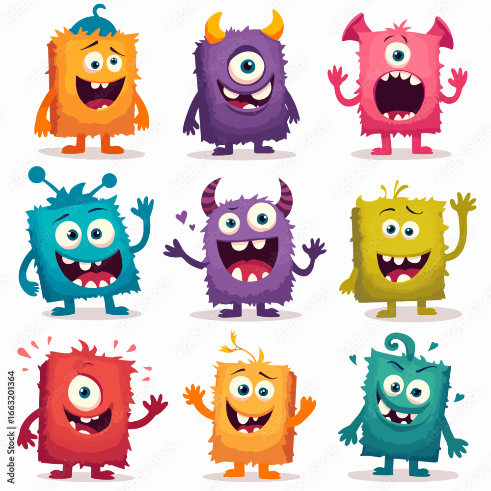 Fototapeta premium Monster super big icon set. Stickers with scary or funny characters for Halloween. Cute smiling head with sharp teeth, fangs and horns. Cartoon flat vector collection isolated on white background