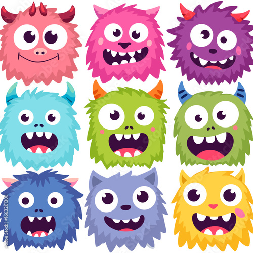 Big set of cute monsters icons. Stickers with mutants, demons and aliens with sharp teeth, tongues and eyes. Funny scary baby creatures. Cartoon flat vector collection isolated on white background