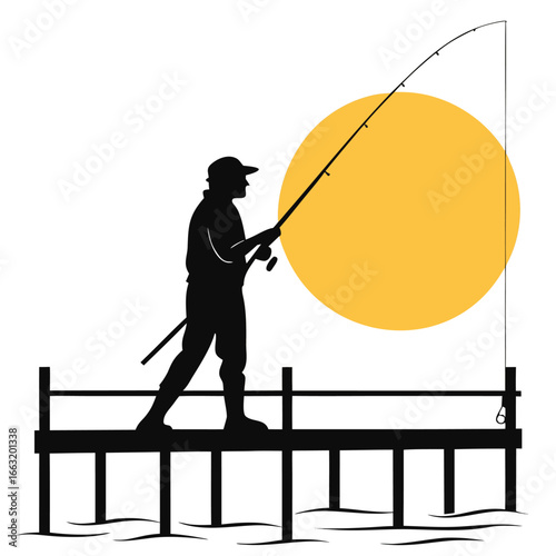 Person fishing from pier at sunset silhouette