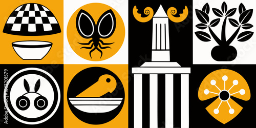 A black and white collage of classic Italian and Mediterranean-themed items arranged in two rows. The top row features a pizza, a branch of olives, a pile of short pasta (possibly cavatappi or fusilli