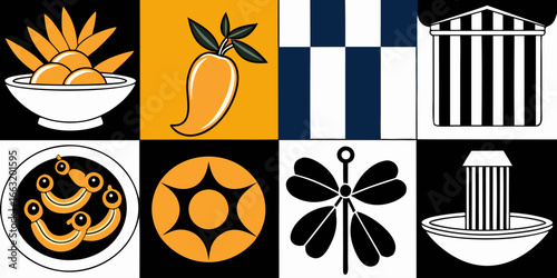 A black and white collage of classic Italian and Mediterranean-themed items arranged in two rows. The top row features a pizza, a branch of olives, a pile of short pasta (possibly cavatappi or fusilli