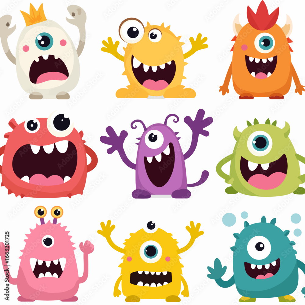 Obraz premium funny cute colorful monsters standing side by side set illustration 