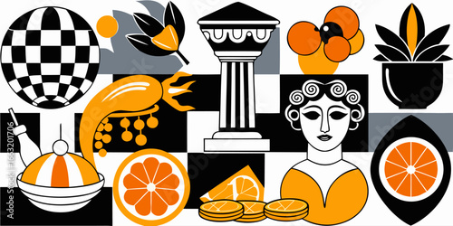 A black and white collage of classic Italian and Mediterranean-themed items arranged in two rows. The top row features a pizza, a branch of olives, a pile of short pasta (possibly cavatappi or fusilli